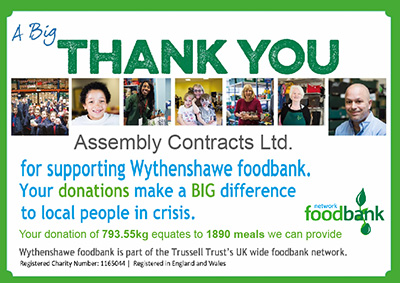 Thankyou from Wythenshawe food bank to Assembly Contracts Ltd. for the donation